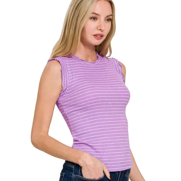 Zenana Ribbed Ruffle Trim Sleeveless Stripe Top - Picture 2 of 4